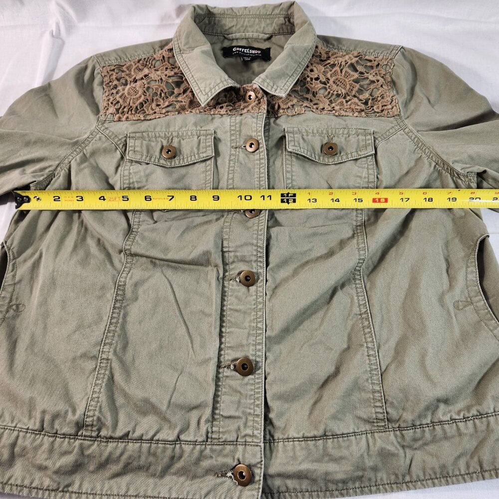 Coffee Shop Womens XL Jacket All Cotton Lace Shoulders Button Up Green FastShip - Picture 8 of 13
